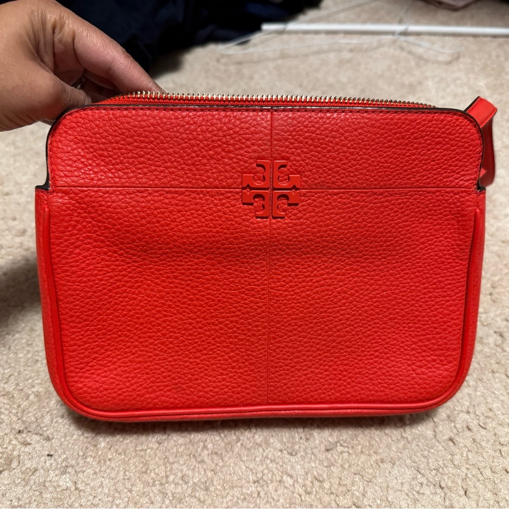 Tory Burch Red Crossbody Bag with Textured Leather and Zipper Closure